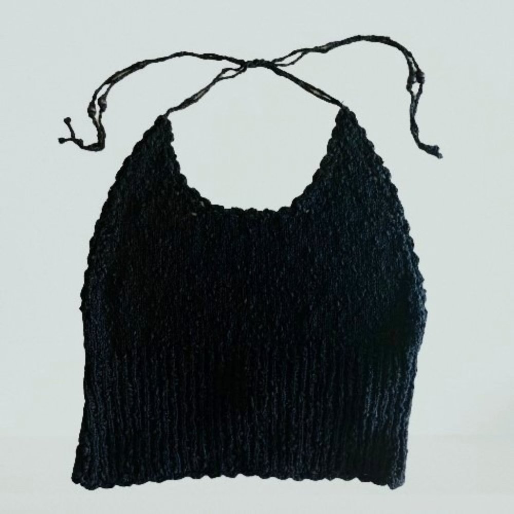 Express Vintage Knitted Black Halter Top with Beaded Tie Strings - Women's XS
